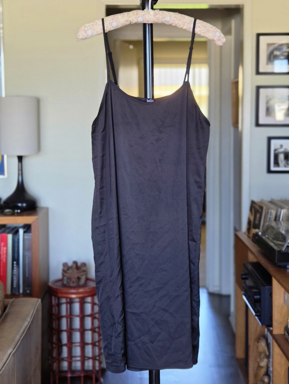 Dressed In LALA Black Satin Midi Slip Dress with Adjustable Straps